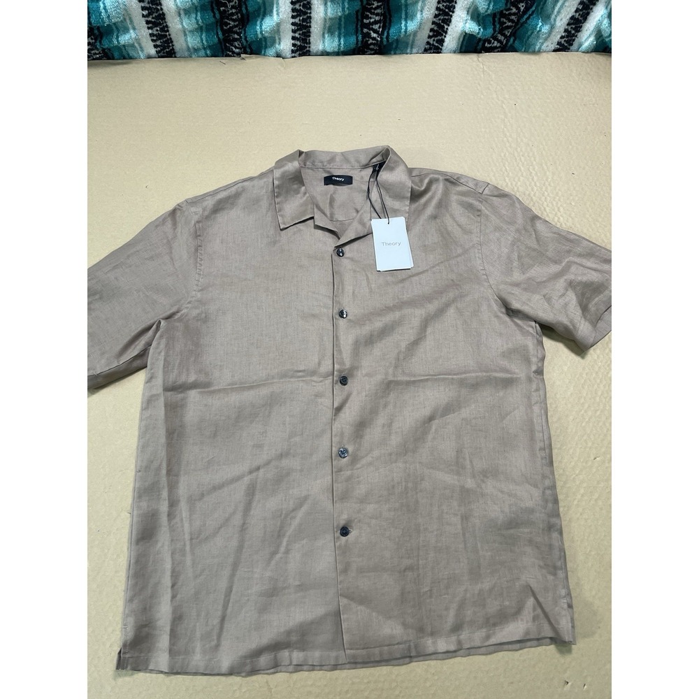 Theory Daze Precise Linen Camp Collar Short Sleeve Shirt Brown XL